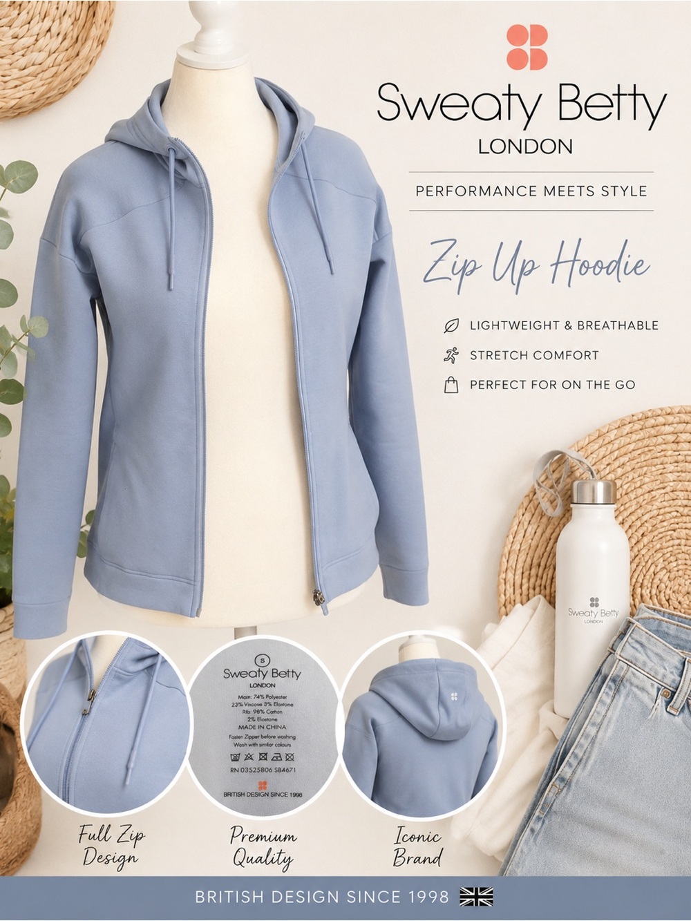 Sweaty Betty Light Blue Zip-Up Hoodie